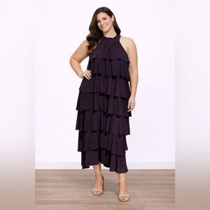 Susan Lawrence Dark Plum Tiered Halter Maxi Dress